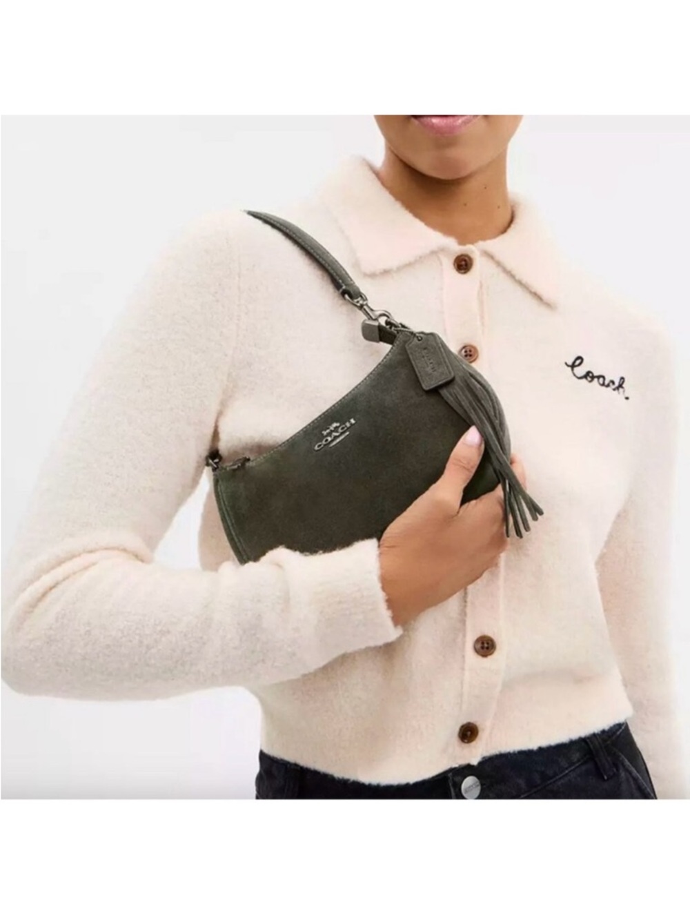 Coach Olive Green Suede Mini Shoulder Bag with Tassel